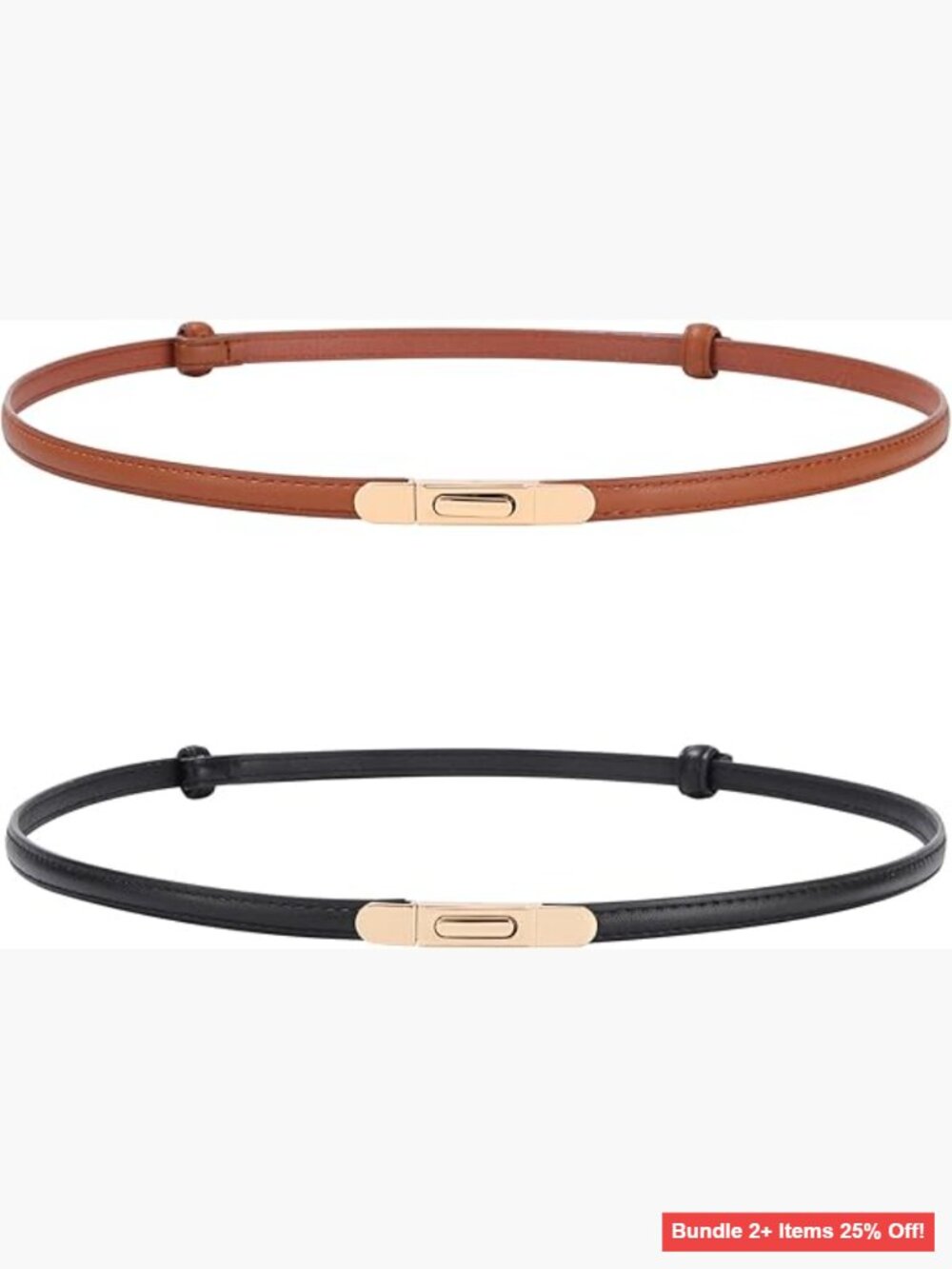 Skinny PU Leather Belt 2-Pack Adjustable Thin Belt Gold Buckle